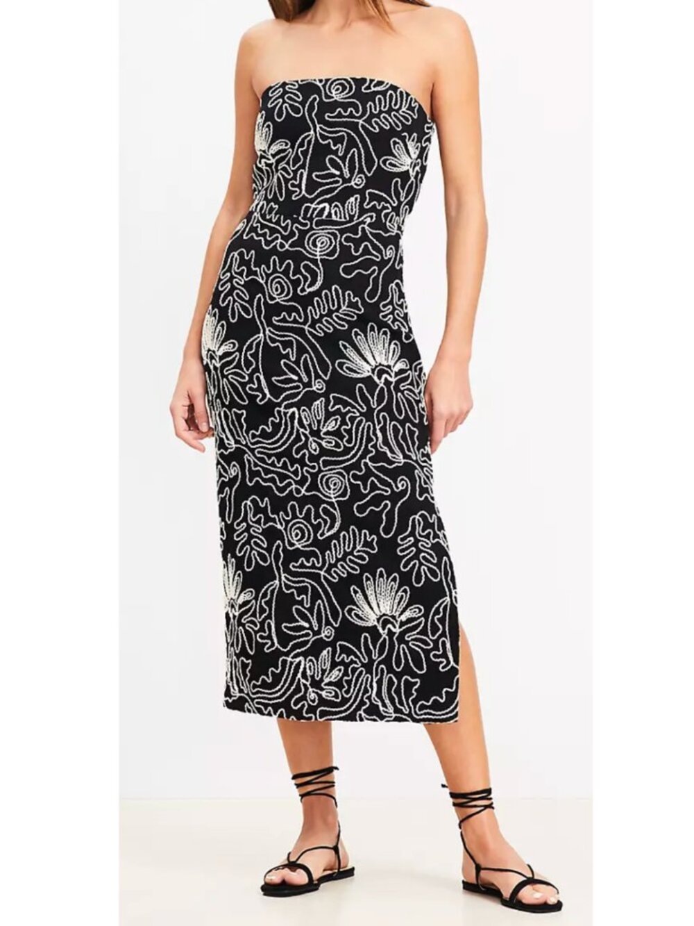 Strapless Embroidered Cotton Midi Dress Black White Floral Size 10 NWT Column - Picture 3 of 3